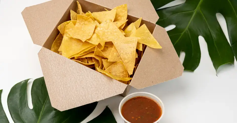 Tortilla chips and salsa starter at Los Tacos Hermanos on Canal Street in SoHo, NYC