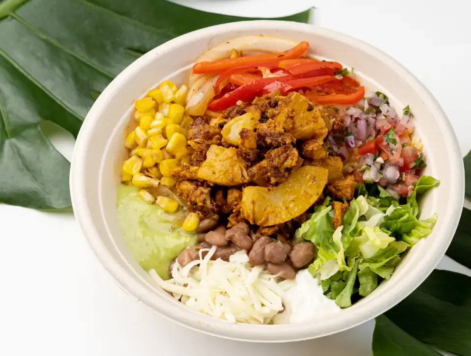 Mexican burrito bowl from the menu at Los Tacos Hermanos on Canal Street in SoHo, NYC
