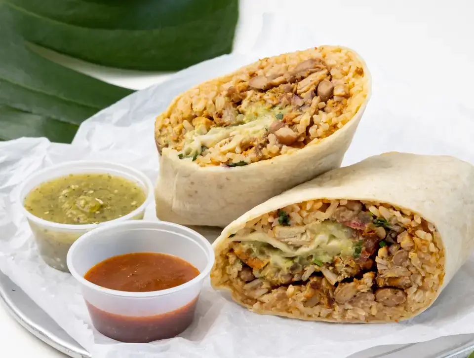Mexican burrito from the menu at Los Tacos Hermanos on Canal Street in SoHo, NYC