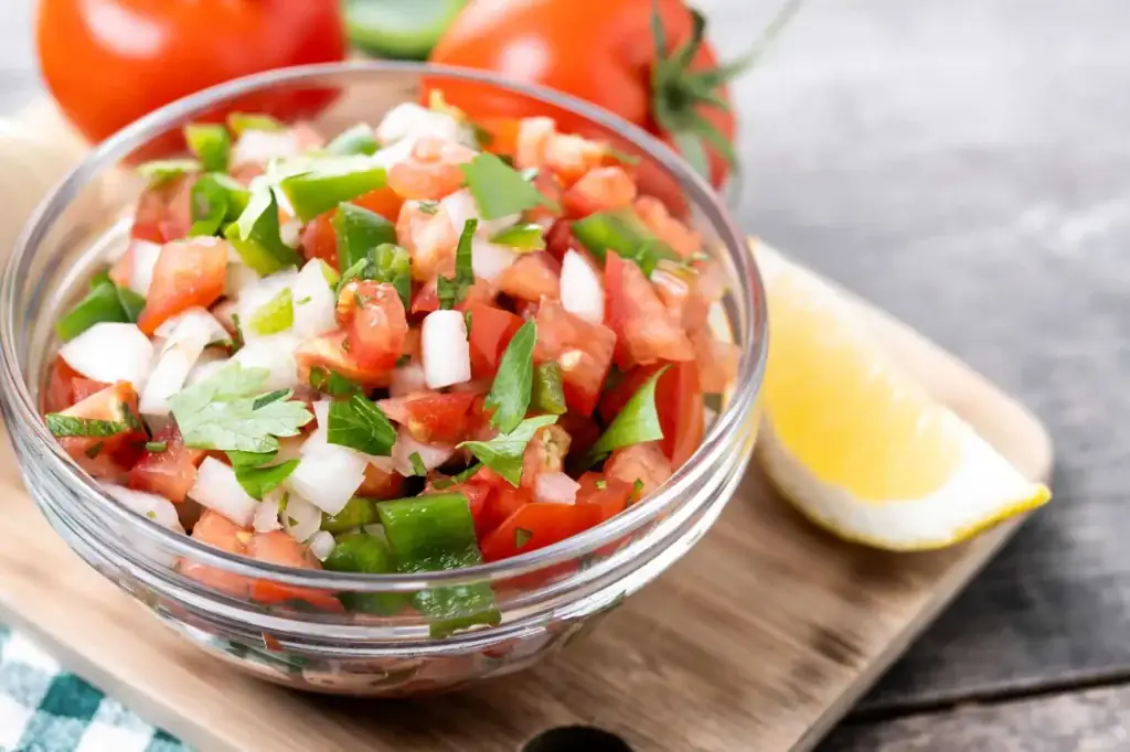 Bowl of fresh pico de gallo salsa with lemon wedge on wooden board