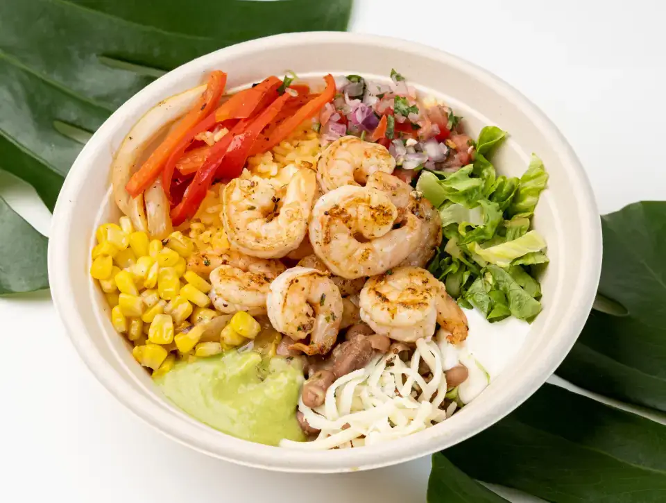 Mexican burrito bowl from the menu at Los Tacos Hermanos on Canal Street in SoHo, NYC