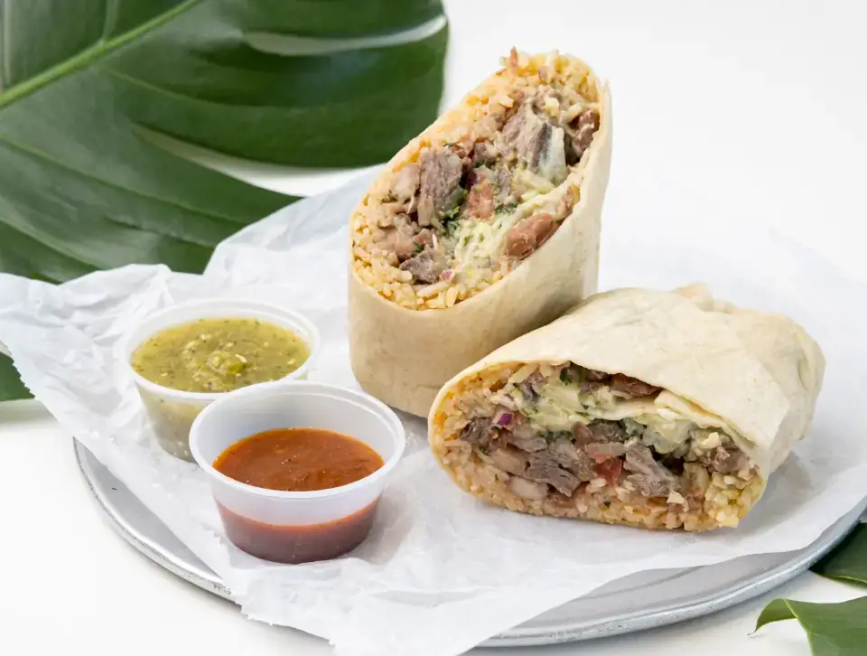 Mexican burrito from the menu at Los Tacos Hermanos on Canal Street in SoHo, NYC