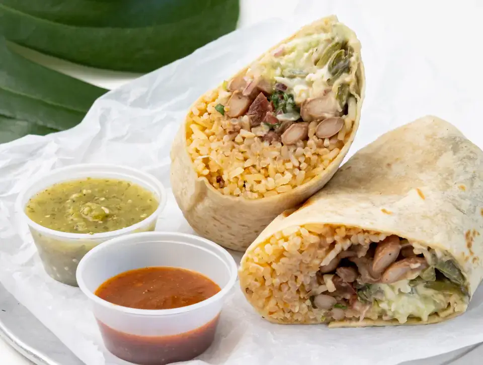 Mexican burrito from the menu at Los Tacos Hermanos on Canal Street in SoHo, NYC