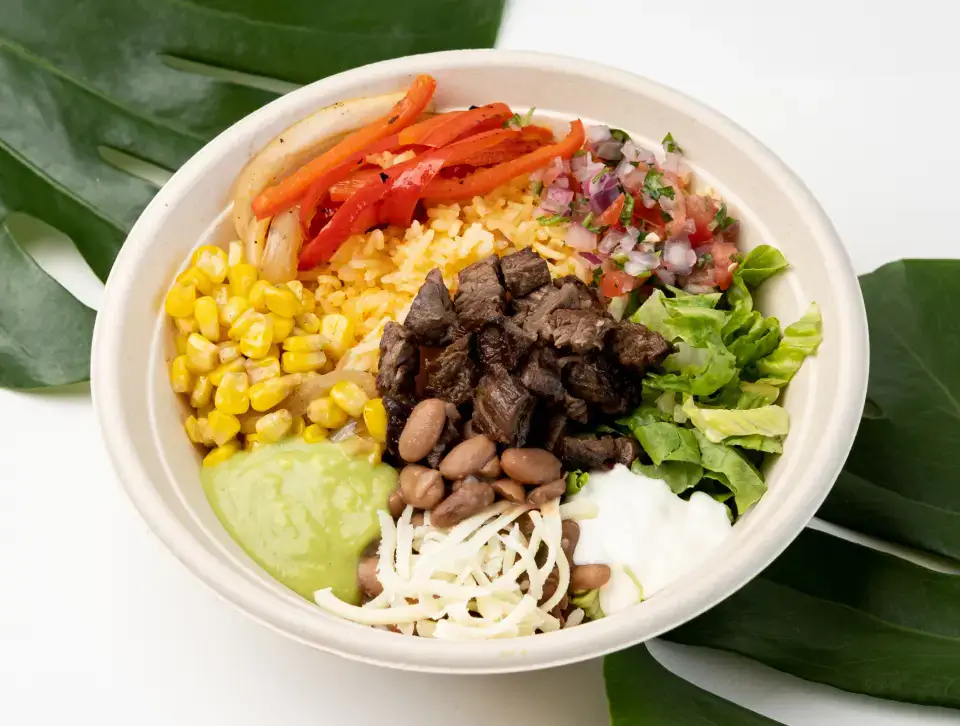 Mexican burrito bowl from the menu at Los Tacos Hermanos on Canal Street in SoHo, NYC