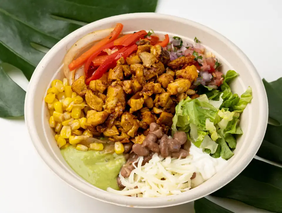Mexican burrito bowl from the menu at Los Tacos Hermanos on Canal Street in SoHo, NYC