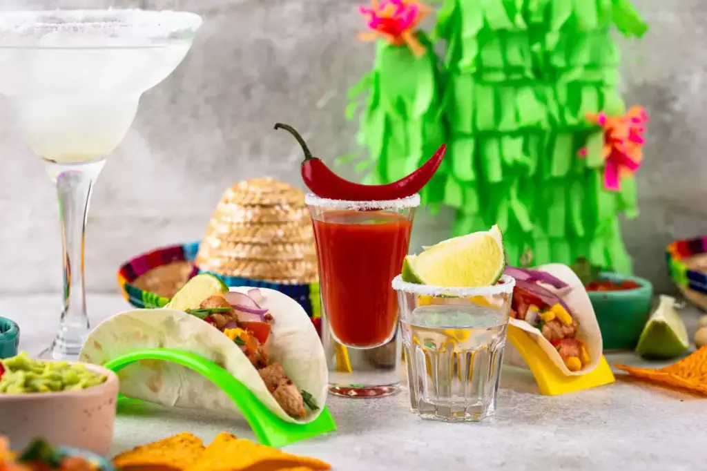 Tacos with margarita, chili-topped shot and lime — pairing display for Los Tacos Hermanos NYC