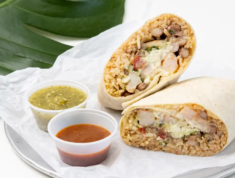 Mexican burrito from the menu at Los Tacos Hermanos on Canal Street in SoHo, NYC